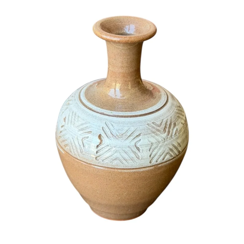 Signed Studio Pottery Bud Vase Hand Thrown Stoneware Tan Blue Geometric Mini